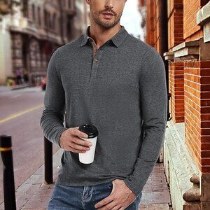 Classic Mens Polo Shirt Button Solid Color Short Long Sleeve